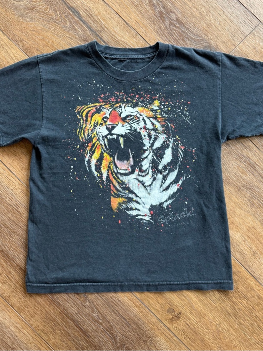 Vintage Splash Black Tee with Vibrant Tiger Graphic